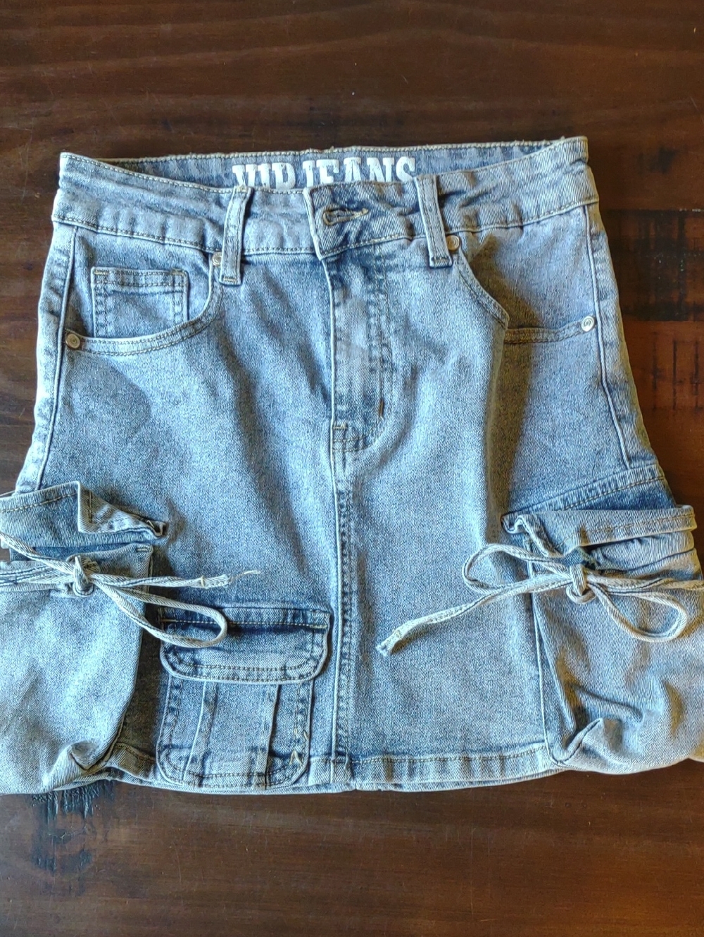 VIP Light Blue Denim Mini Skirt with Cargo Pockets and Tie Details